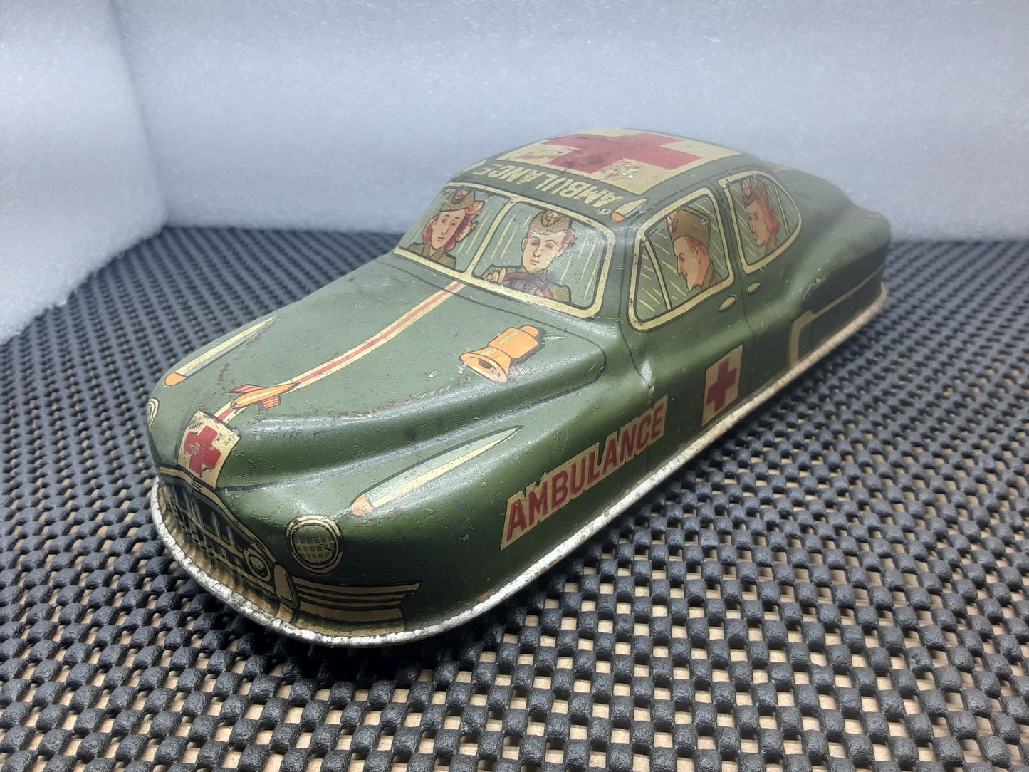 Vintage 1950's Tin Toy Friction Car, Military Ambulance, Hadson