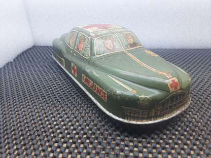 Vintage 1950's Tin Toy Friction Car, Military Ambulance, Hadson