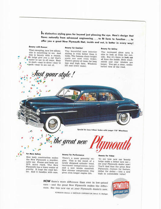 1950's Plymouth Special DeLuxe Sedan Advertisement